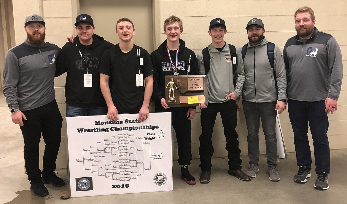 Pictured are Polson&#146;s three senior state place winners and their coaches after the Pirates earned the third-place trophy at the All-Class State Wrestling Championships in Billings. From left, are coaches Brett Owen and Dennis (last name unknown), seniors Hunter Fritsch, Bridger Wenzel and RJ Pierre, and coaches Matt Owen and Ethan Bucarey. (Photo courtesy of Kristen Wenzel)