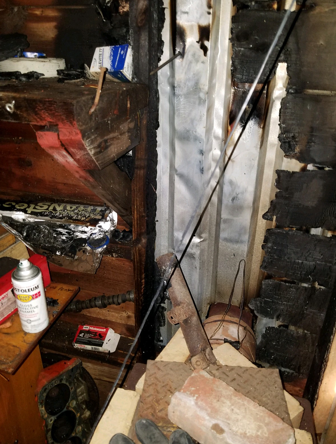 The damaged area of the second wood stove fire in Pinehurst on Feb. 7. Shoshone County Fire District No. 2 Fire Chief Mark Aamodt recommends keeping the area around any heating appliances clear of combustibles.
Photo courtesy
of MARK AAMODT