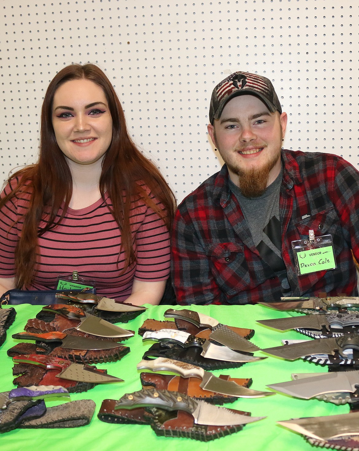 Haley Jackson with Devon Cole of Cole&#146;s Custom Cutlery, who brought his hand made knives to the Gun &amp; Horn Show for the first time this year.
