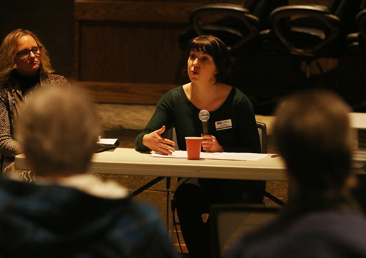 LOREN BENOIT/Press
Keri Stark, with United Way North Idaho, speaks about preschool costs on local families during a public forum on education Wednesday evening at The Coeur d&#146;Alene Public Library.