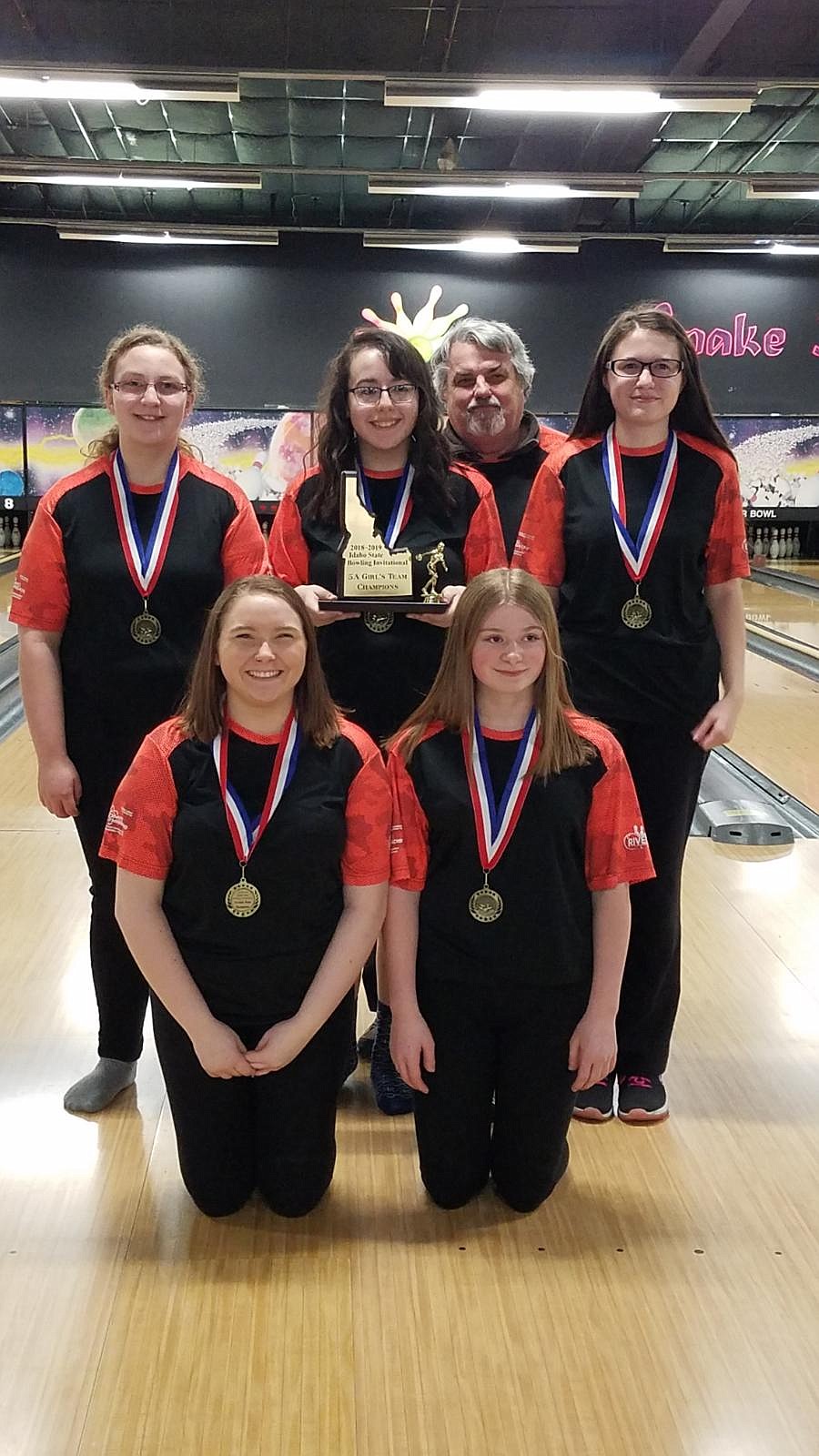 Courtesy photo
River City Lanes' girls team took first place at the recent high school state tournament in Burley. In the front row from left are Destini Hoerner and Veronika Peacock; and back row from left, Ellie Powell, Shaynie Montee, coach Joey Borgaro and Hailey Howard.