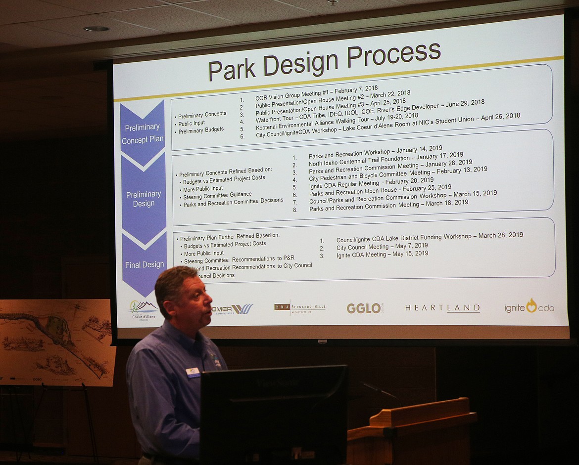 Bill Greenwood, director of Coeur d'Alene Parks and Recreation, speaks about the park design process and future meetings about the 47-acre former Atlas Mill and waterfront site during an open house Monday night at The Coeur d'Alene Public Library. (LOREN BENOIT/Press)