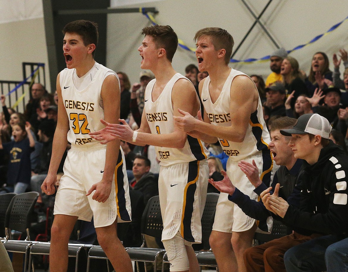 From left, Eli Gonzales, Jakob Peterson and Simeon Elonen of Genesis Prep celebrate during Friday night&#146;s 1A Division II District 1 championship game against Lakeside.