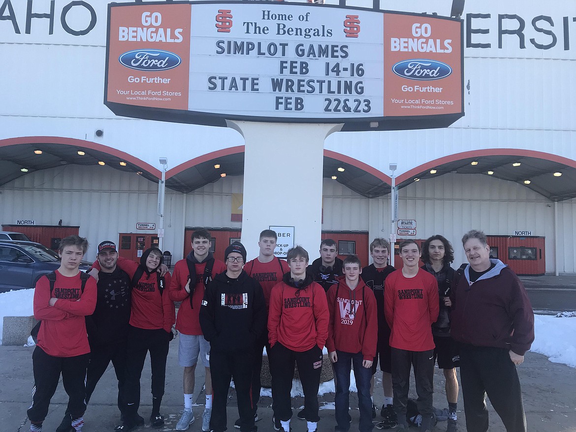 (Photo courtesy of JAKE STARK)
Sandpoint wrestlers and coaches take a team picture outside of Holt Arena in Pocatello, Idaho before the Idaho State Wrestling Tournament from Feb. 22-23.