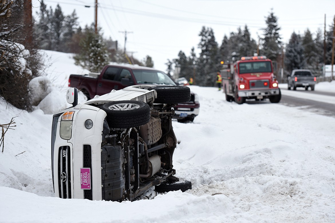 Scene of a vehicle accident with rollover along U.S. 93 just north of Lakeside on Thursday, Feb. 28. No injuries were reported. (Casey Kreider/Daily Inter Lake)