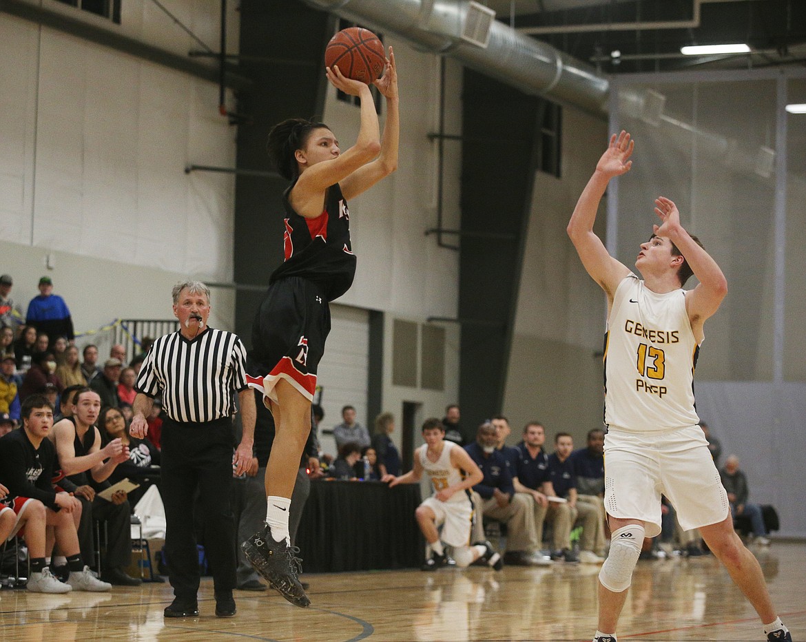 Lakeside&#146;s Kenyon Spottedhorse shoots a deep two while defended by Genesis Prep&#146;s Jacob Schultz in the fourth quarter of Friday night&#146;s 1A Division II District 1 championship game against Genesis Prep at The Courts in Post Falls. (LOREN BENOIT/Press)