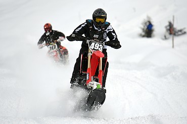 Snow bike racers take warm up laps prior to the start of Round 4 of the 509 National Championship Snow Bike Series race at the ATV park located at 6235 U.S. 93, north of Whitefish, on Saturday, Feb. 23. Racing action continues at 10 a.m. next Saturday, March 2, with the Montana Mayhem Offroad Racing Series Frostbite Frenzy ATV/UTV race. (Casey Kreider/Daily Inter Lake)
