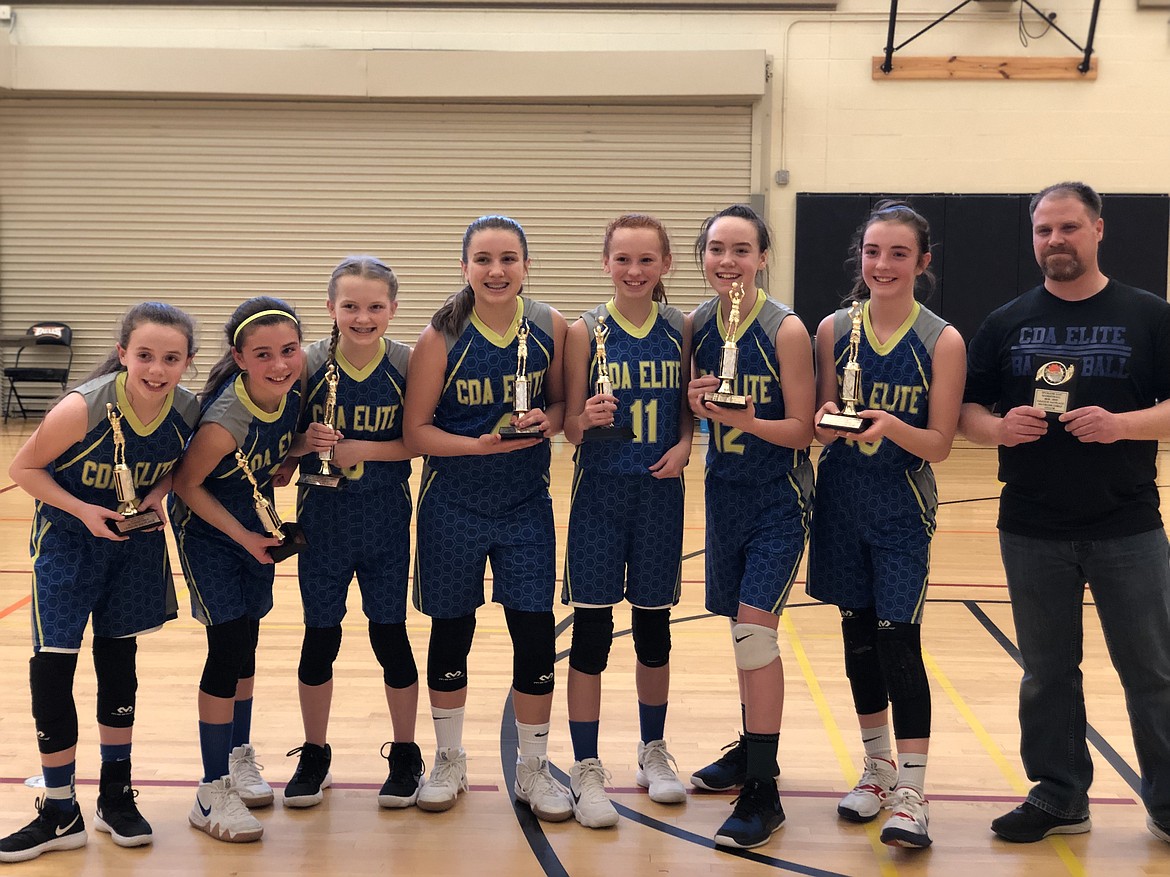 Courtesy photo
The Coeur d&#146;Alene Elite sixth-grade AAU girls basketball team finished third in the Spokane AAU 2018-19 season. They were the only Idaho team to place in the final four tournament at West Valley High School on Feb. 16. From left are Chloe Burke, Payton Gray, Gracie Legg, Aniston Ewing, Adi Murphree, Sadie Zimmerman, Amalie Larson and coach Kyle Zimmerman. Not pictured are Devyn Pirwitz, Kaylee Paulson and coach Heather Paulson.