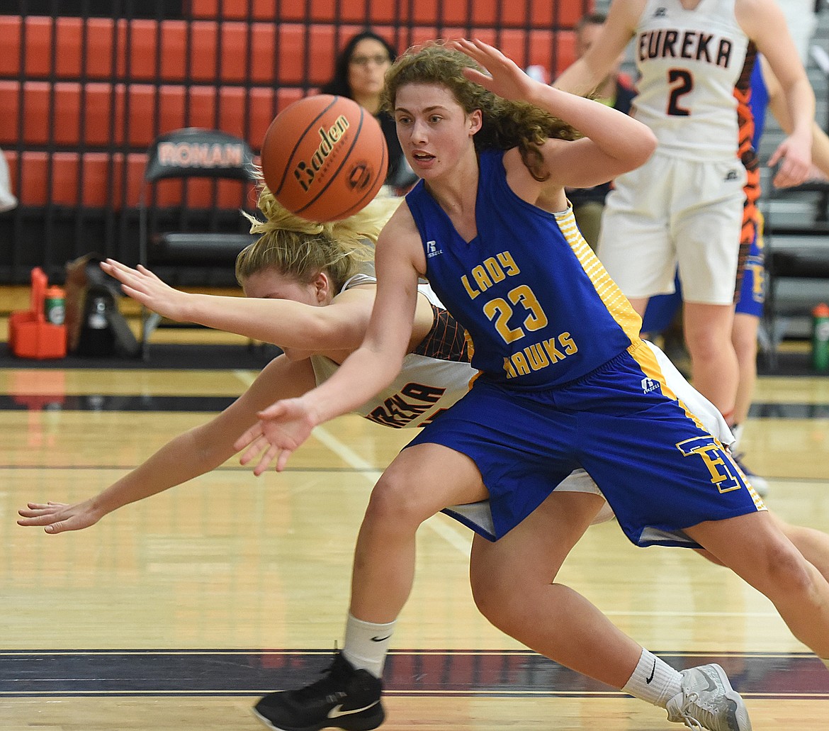 THOMPSON FALLS sophomore Jody Detlaff focuses on a loose ball during the Lady Hawks&#146; loser-out game against Eureka in the Western B Divisional Tournament last Friday morning at the Ronan Event Center. The Lady Lions stayed alive with a 48-33 win. (Joe Sova photos/Clark Fork Valley Press)