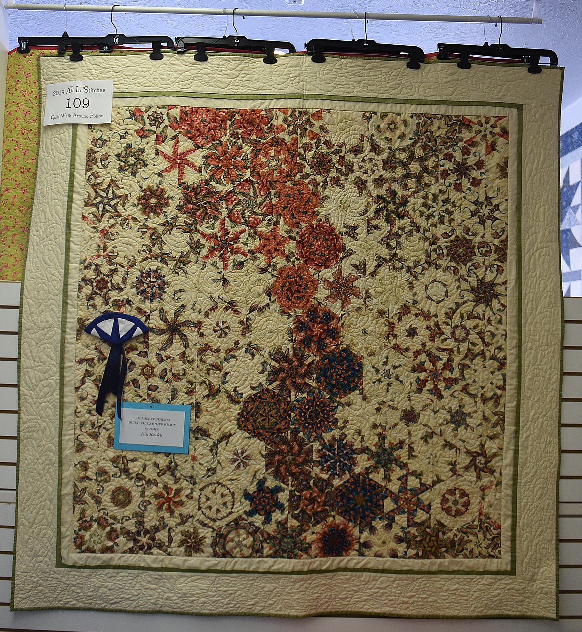 JULIA HOWLETT won first prize for her entry titled “One Block Wonder” in the Quilt Walk Around Polson promotion. Entries by Lynette Rundell, Pat Pool and Bea Radermacher tied for second place. All four ladies received an All in Stitches gift certificate. (Joe Sova photos/Lake County Leader)