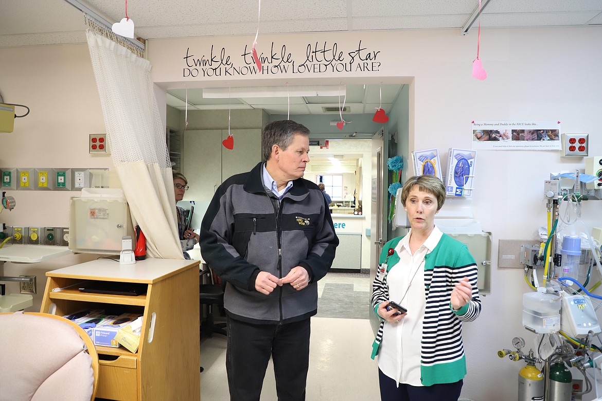 Sen. Steve Daines tours Kalispell Regional Medical Center&#146;s Neonatal Intensive Care Unit with hospital employee, Rochelle Mertz, on Feb. 20, prior to a panel discussion on Montana&#146;s drug-abuse crisis. (Photo provided by the communications team for Senator Daines)