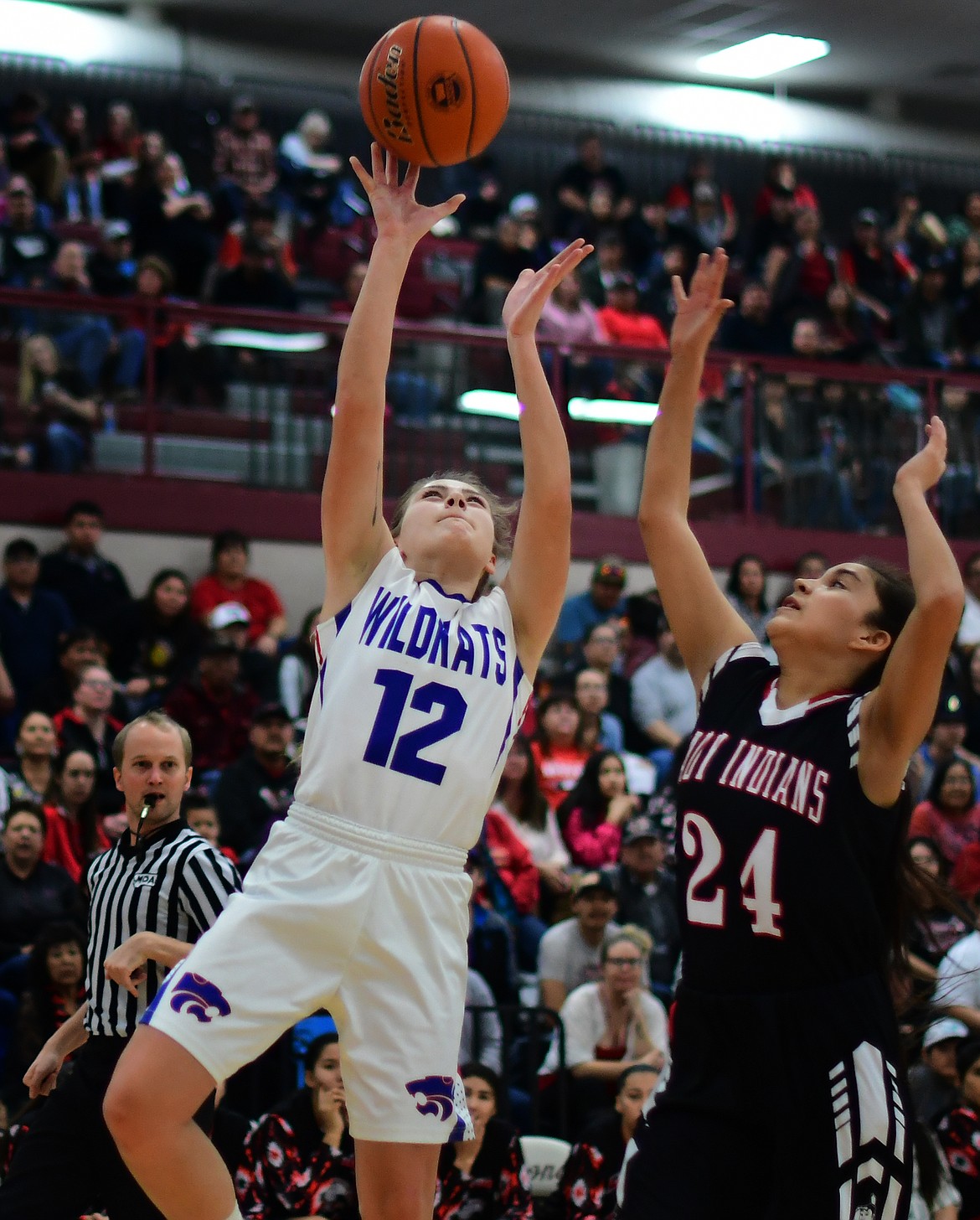 LaKia Hill goes up over Browning&#146;s Walker Running Crane in the second quarter Saturday. (Jeremy Weber photo)