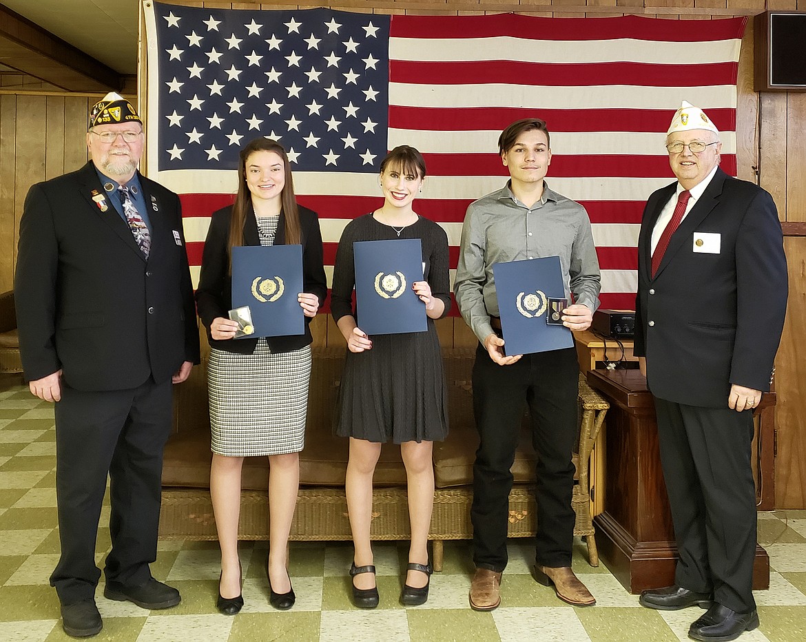 PICTURED AT the District 4 American Legion High School Oratorical Scholarship Contest held Feb. 23 in Polson are, left to right, District 4 Commander Glen Sharbono; Sierra Dilworth, first place; Chloe Coberley, second place; Landin Zimmerer, third place; and Department Vice Commander/District Oratory Chairman and Moderator Jeff Nelson. (Photo courtesy of American Legion District 4)