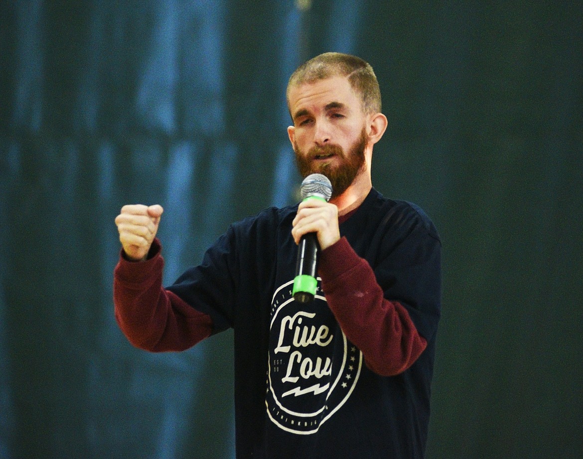 Jaim Connor speaks to students during iThinkBig's assembly last Wednesday at Whitefish High School. (Daniel McKay/Whitefish Pilot)