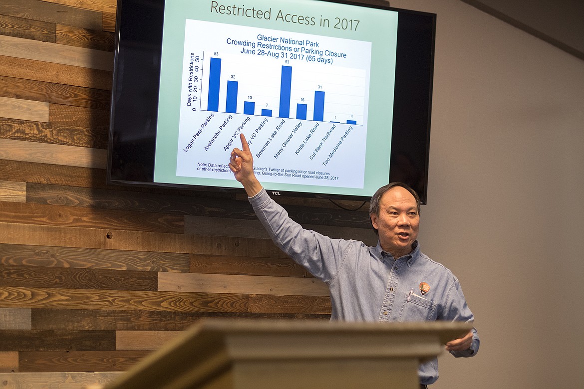 Glacier National Park Superintendent Jeff Mow speaks to the Columbia Falls Area Chamber of Commerce Tuesday. Mow discussed topics ranging from overcrowding in the park to the Sperry Chalet reconstruction efforts. (Jeremy Weber photo)