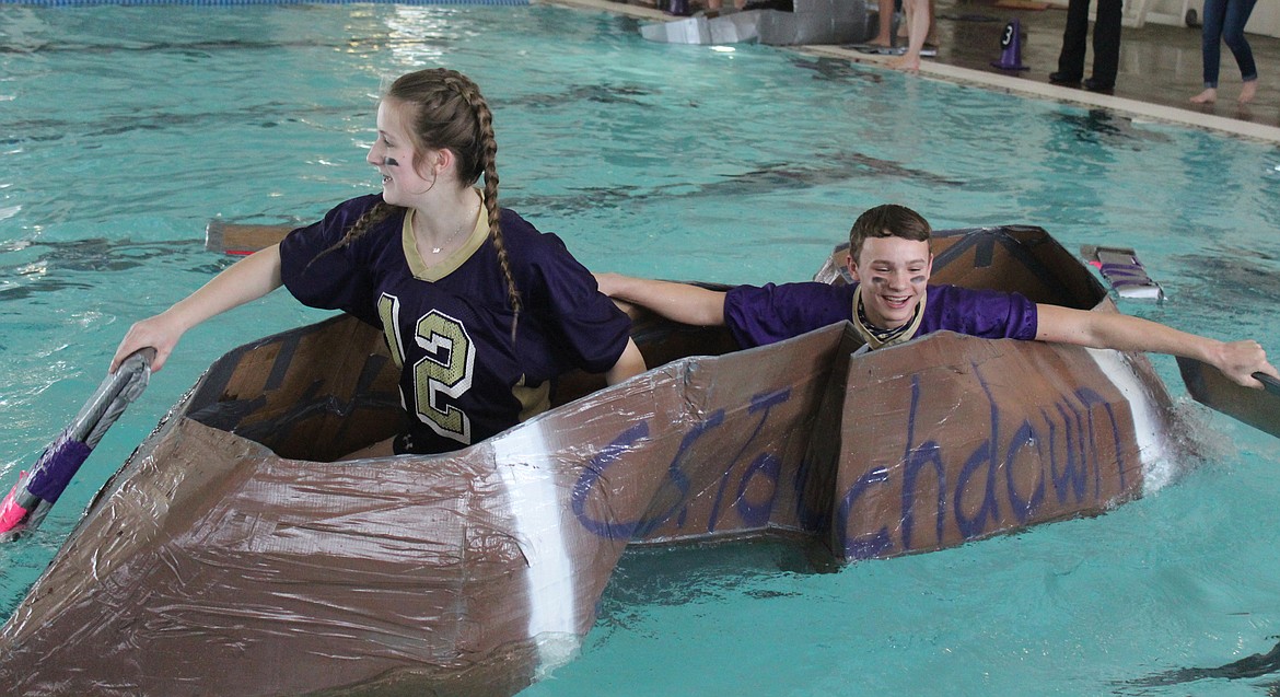 Tia Mercer and Jarrett Wilson provided paddle power to guide the SS Touchdown to the finish line during the STEAM boat races on Tuesday, Feb. 12 at the Mission Valley Aquatic Center. (Photos courtesy of Tami Morrison, PMS)