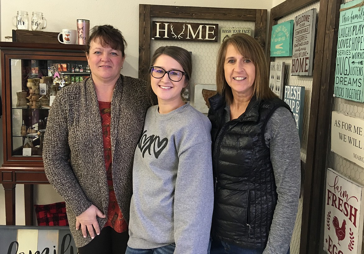 Rae Herman, Lindsey Herron and Traci Salmi display their crafts in Mimzie&#146;s Creations, a store-within-a-store at Lonepine General Store. (Carolyn Hidy/CF Valley Press)