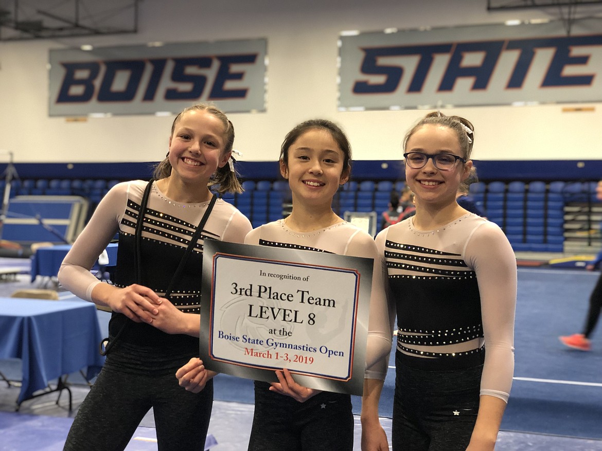 Courtesy photo
Avant Coeur Gymnastics Level 8 Girls take 3rd Place Team at the BSU Open in Boise. From left are Madalyn McCormick, Maiya Terry and Danica McCormick.