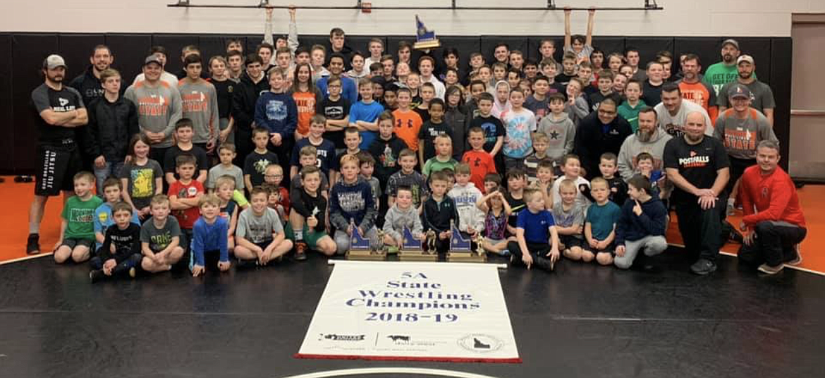 Post Falls High School&#146;s state championship wrestling team visited Team Real Life practice last Thursday night to present the 2019 state championship trophy. They also brought the 2018, 2016 and 2015 state wrestling championship trophies. In the picture are high school champions Lane Reardon, Isaac Jessen, AJ De La Rosa, Ridge Lovett and Wyatt Shelly. State placers shown are Roddy Romero, 2nd; Ryan Graves, 3rd; Braxton Mason 4th; Ethan Miller, 3rd; Jonathan Hill, 6th; Mathias De La Rosa, 5th; Tyler Morris, 2nd and Isaiah Laguna 6th. All of the high school wrestlers that placed at the state tournament started out with the Team Real Life club program.
Team Real Life is starting up for the spring wrestling season with practices Tuesday and Thursday nights at 6 p.m. in the Post Falls High School wrestling room. Information: Lonnie Lovett, (208) 660-8579

Courtesy photo