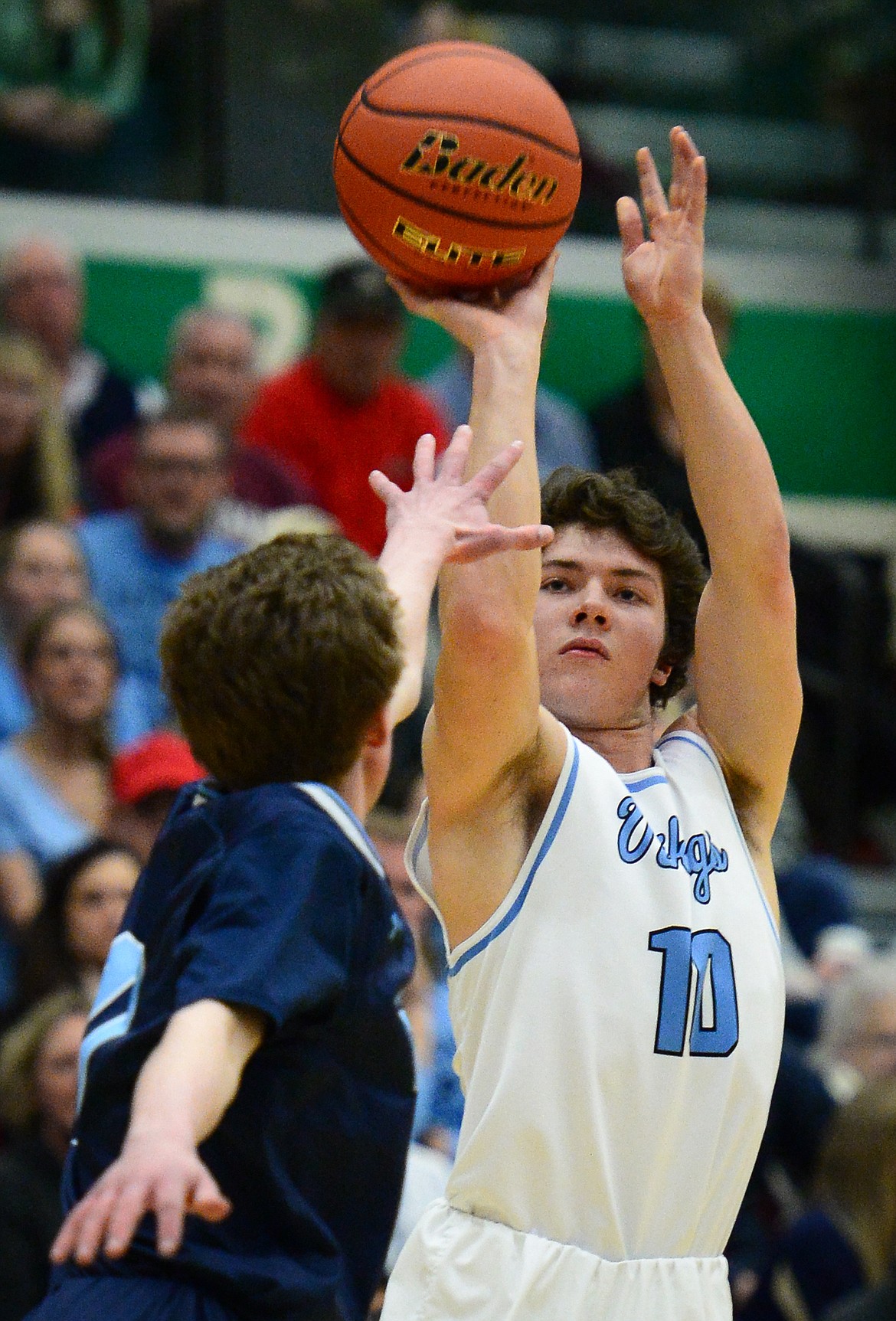 Bigfork's Randy Stultz (10) shoots against Loyola Sacred Heart in the State Class B boys' basketball championship at the Belgrade Special Events Center in Belgrade on Friday. (Casey Kreider/Daily Inter Lake)