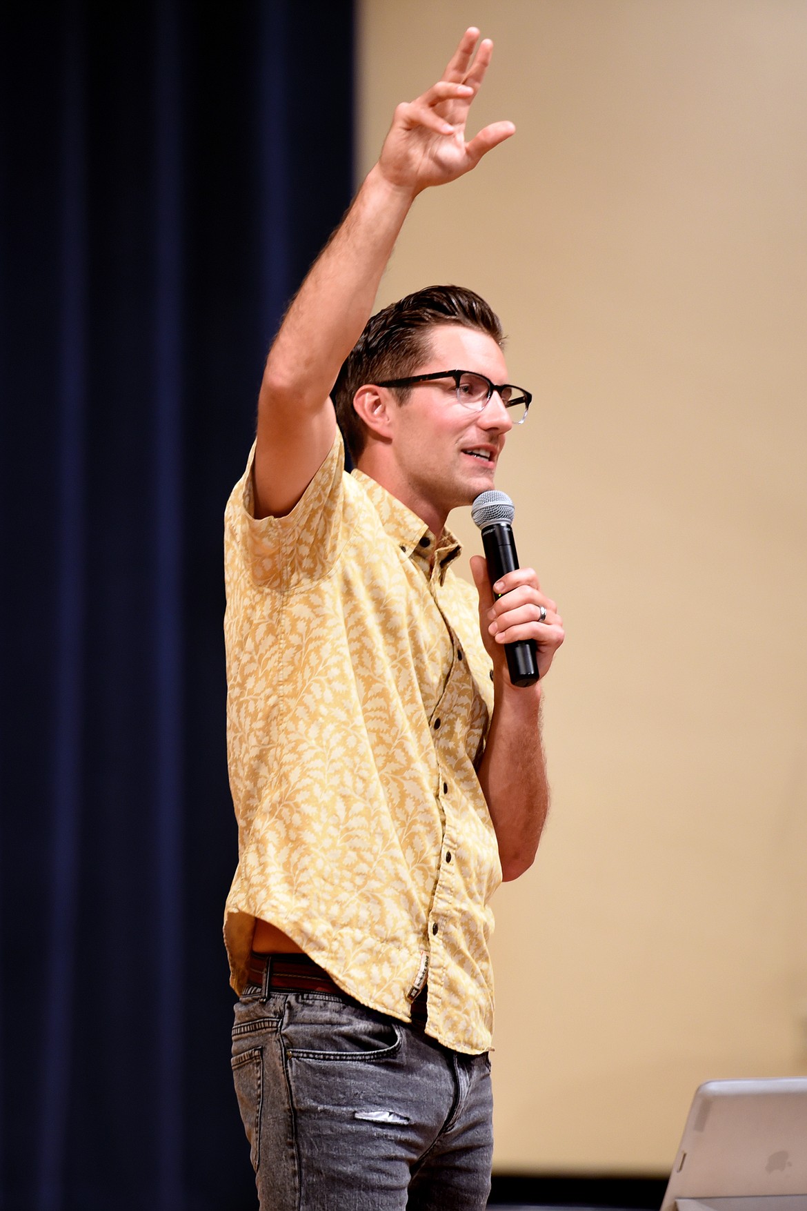 Noah Couser, an eighth-grade teacher at Kalispell Middle School, addresses students gathered in 2018 for the first Character Conference. This years event on March 13 is titled, The Character Conference: Fighting for Our Lives in an age of Anxiety, Depression, Loneliness, and Suicide, It will focus on teaching students resilience and connecting them with resources. (Brenda Ahearn/Daily Inter Lake)