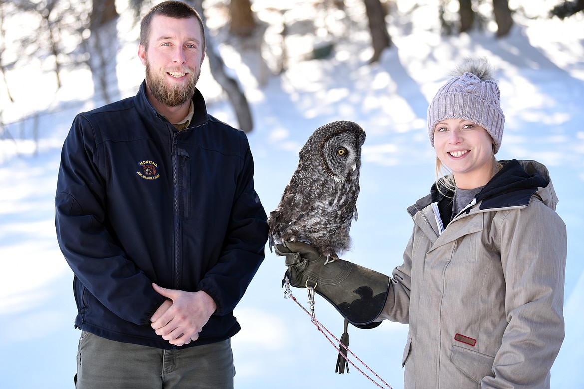 Derrick Rathe, a ranger at Lone Pine State Park, joins Montana Wild Wings volunteer Nicole Nelson and Homer, a female great gray owl who lost a wing when she was struck by a vehicle. Homer is one of three owls that attendees of the Who&#146;s Who for Owls event will have the chance to get an up close look at 6 p.m. Friday, March 8, at Lone Pine State Park. (Brenda Ahearn/Daily Inter Lake)