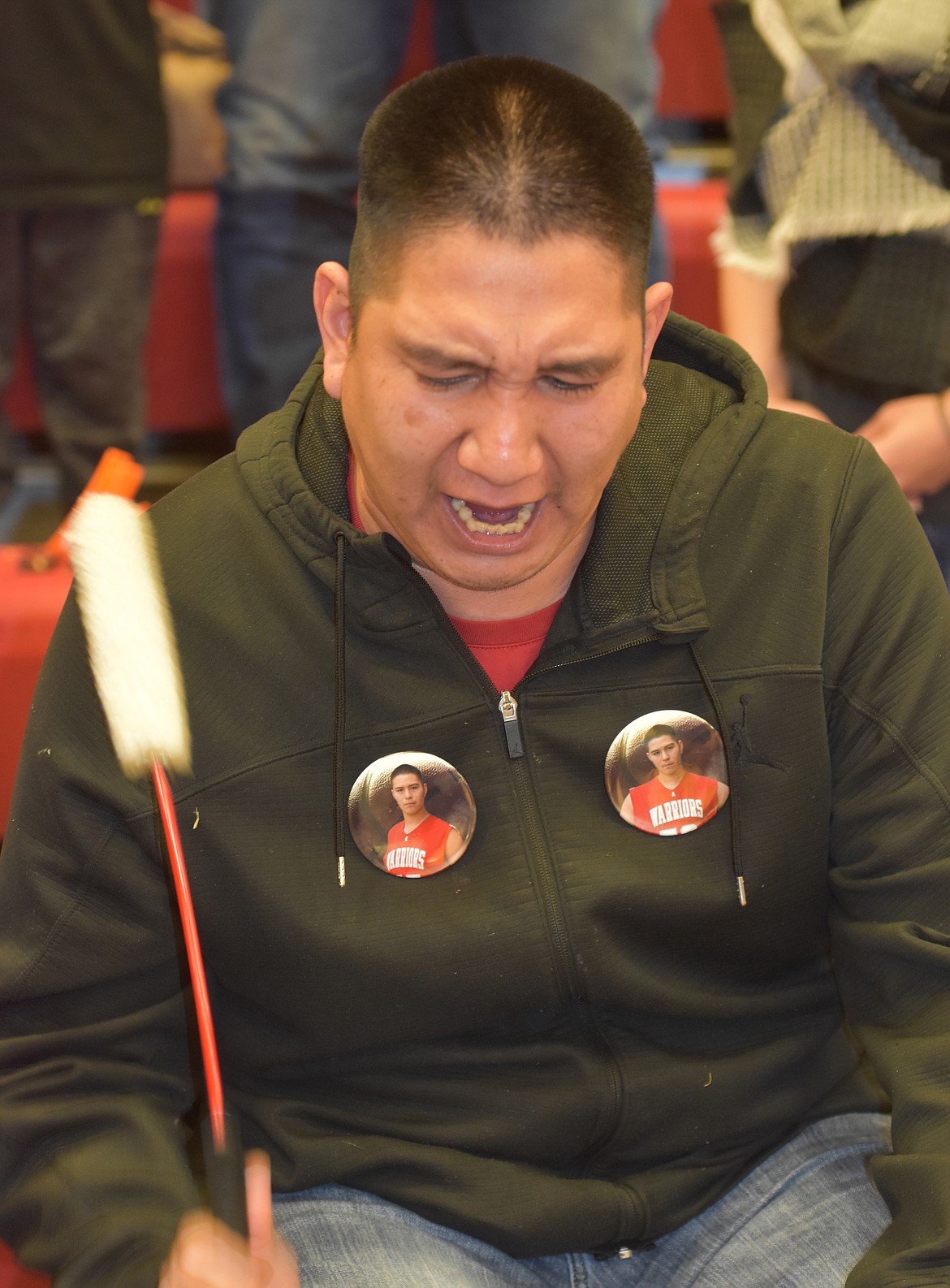 WALDEN TEWAWINA drums and sings preceding an Arlee Warriors varsity basketball game in the Arlee High School gym. Tewawina has twin sons, Trey and Troy, who are team managers. (Joe Sova/Lake County Leader)