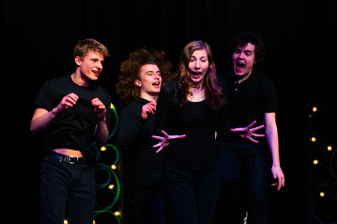 Kenna Ferril, Luca Welle and Dashiell Schindler spook Eden Scrafford during the Whitefish High School Drama Club&#146;s performance of &#147;All I Really Need to Know I Learned in Kindergarten.&#148;