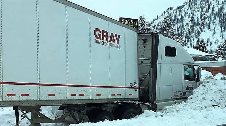 A semi-truck slid off the Superior Exit ramp across the street from Durangos Restaurant on Feb. 26. No injuries were reported but locals say this is a frequent occurence with vehicles coming off the highway too fast with a sharp right turn. (Photo courtesy of Tasha Dent)