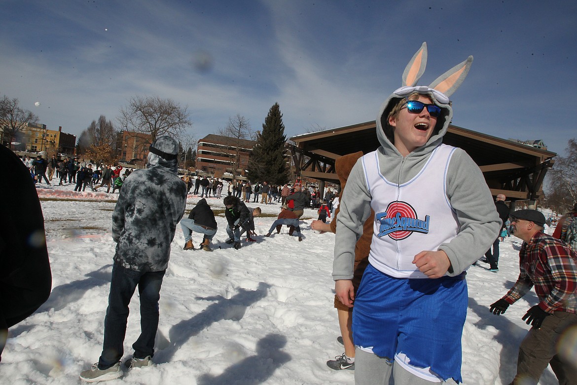 Dressed as Bugs Bunny from &#147;Space Jam,&#148; 16-year-old Patrick O&#146;Dell of Coeur d&#146;Alene laughs as he recovers from a hit Saturday during a community snowball fight in McEuen Park.