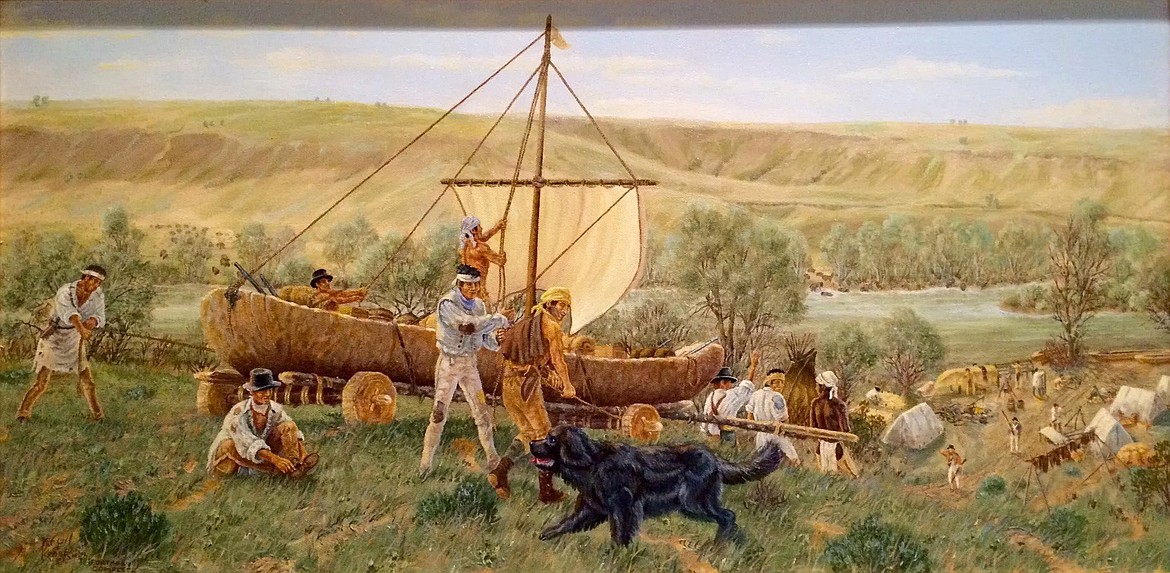 GOOGLE IMAGES
Painting of the arduous task of portaging boats and supplies overland where waterways are unnavigable, this image showing expedition Newfoundland dog Seaman.