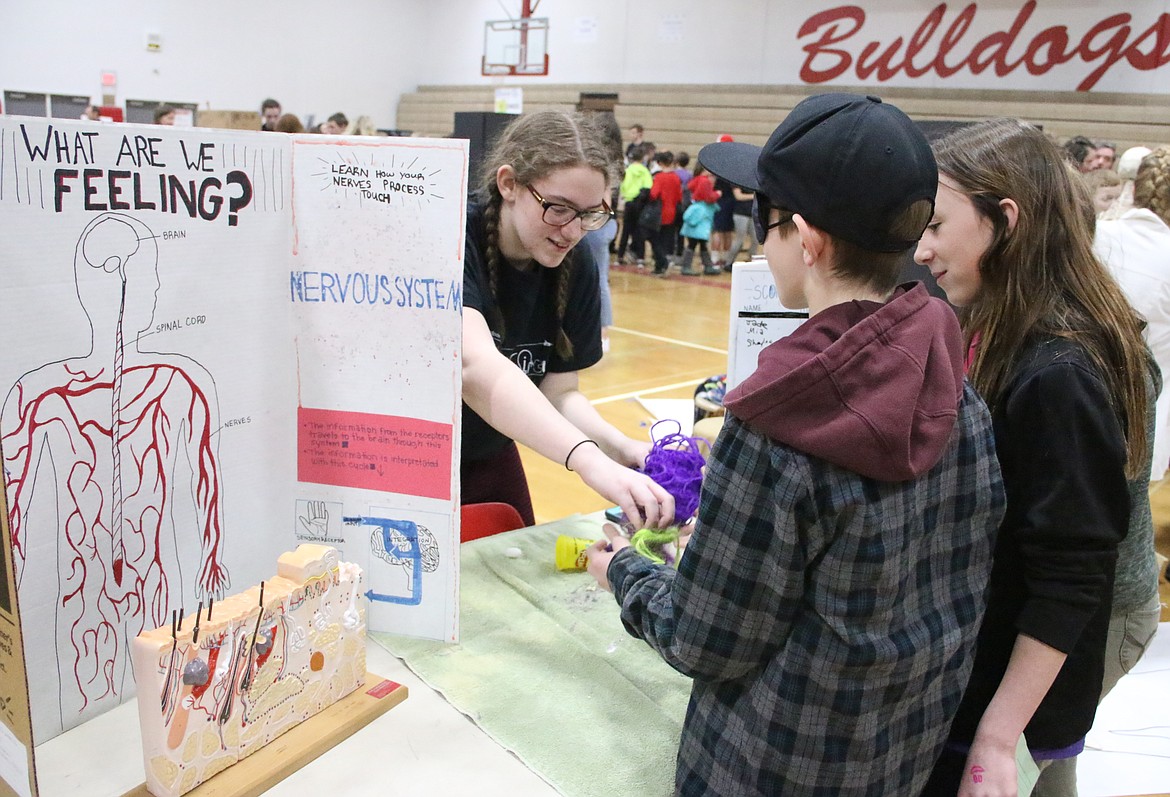 (Photo by MARY MALONE)
Sandpoint High School junior Angelina Peebles teaches some youngsters about the receptors in the skin during the 6th annual SHS Science Circuit on Friday.