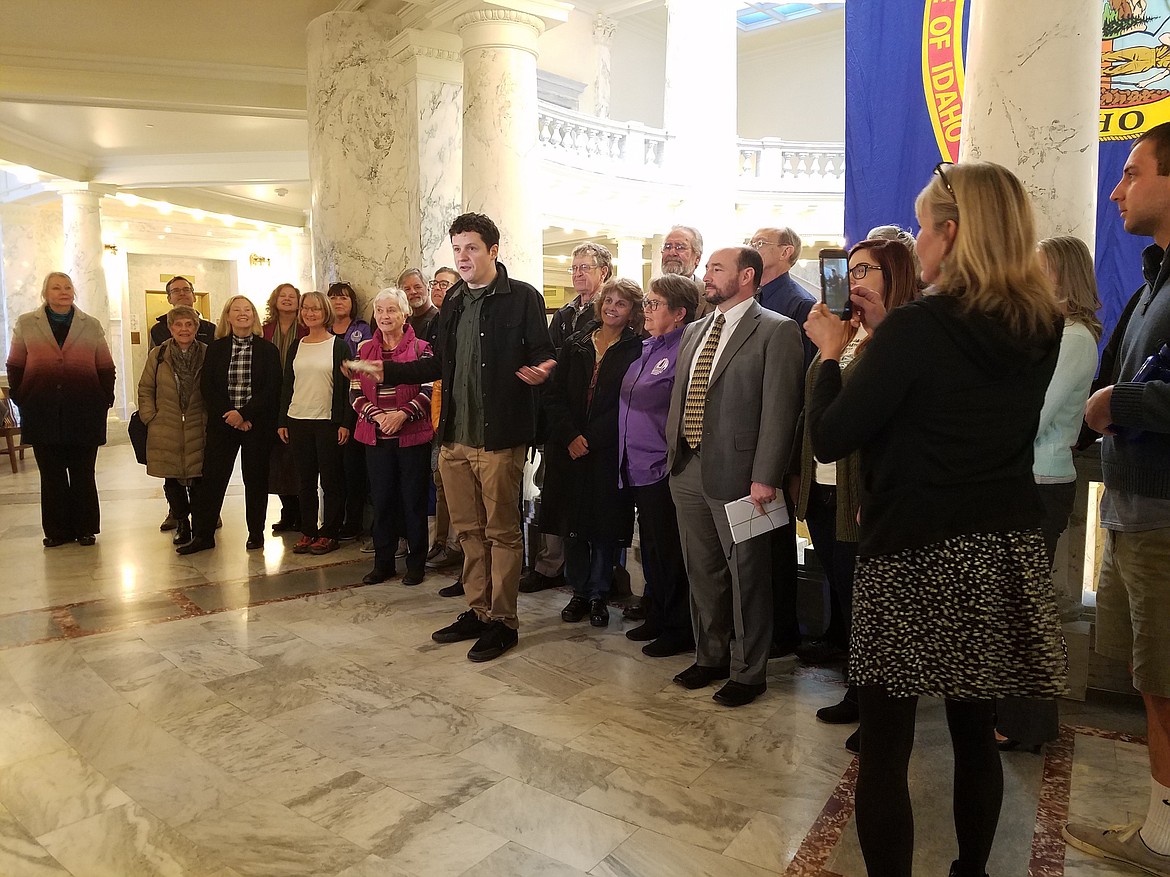 Luke Mayville, co-founder of Reclaim Idaho, speaks at a press conference after the first hearing for S 1159.

(Photo by CHEYENNA McCURRY)