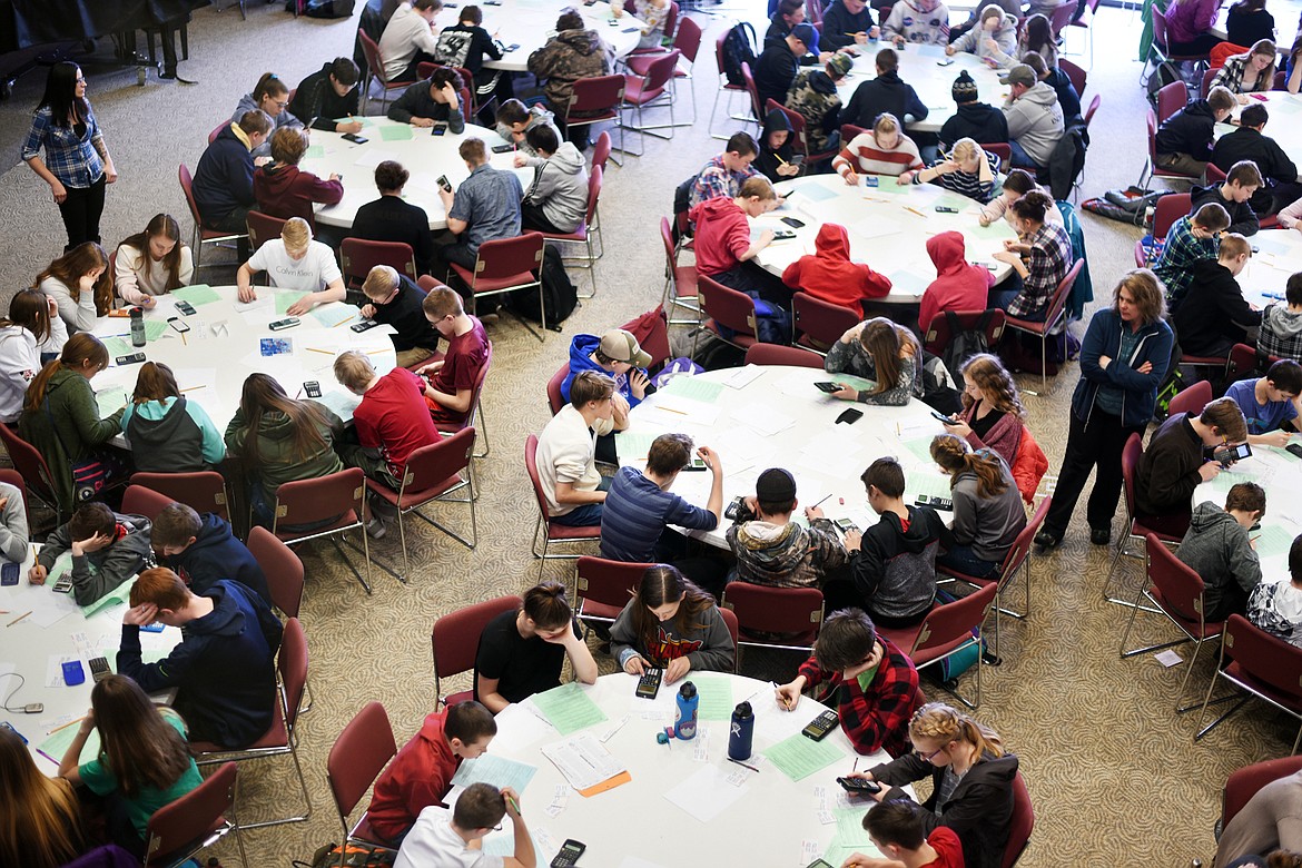 Overview of the middle school students competing in the Montana Council of Teachers of Mathematics math contest on Tuesday, March 12, at Flathead Valley Community College in Kalispell. About 350 middle school and high school students participated. (Brenda Ahearn/Daily Inter Lake)