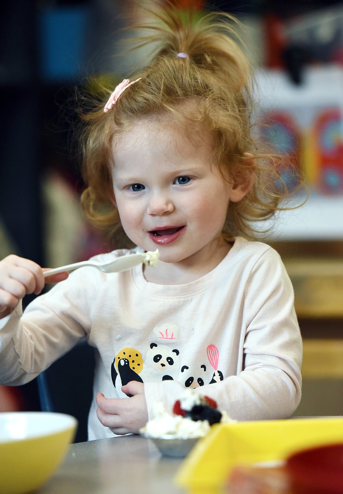 Lily Johnson gets ready to sample the pie she made while visiting her older brother&#146;s preschool classroom at Peterson Elementary to participate in Pre-K Pi(e) Day on Wednesday, March 13. Russell Elementary held a similar event on Thursday, March 14. (Casey Kreider/Daily Inter Lake)