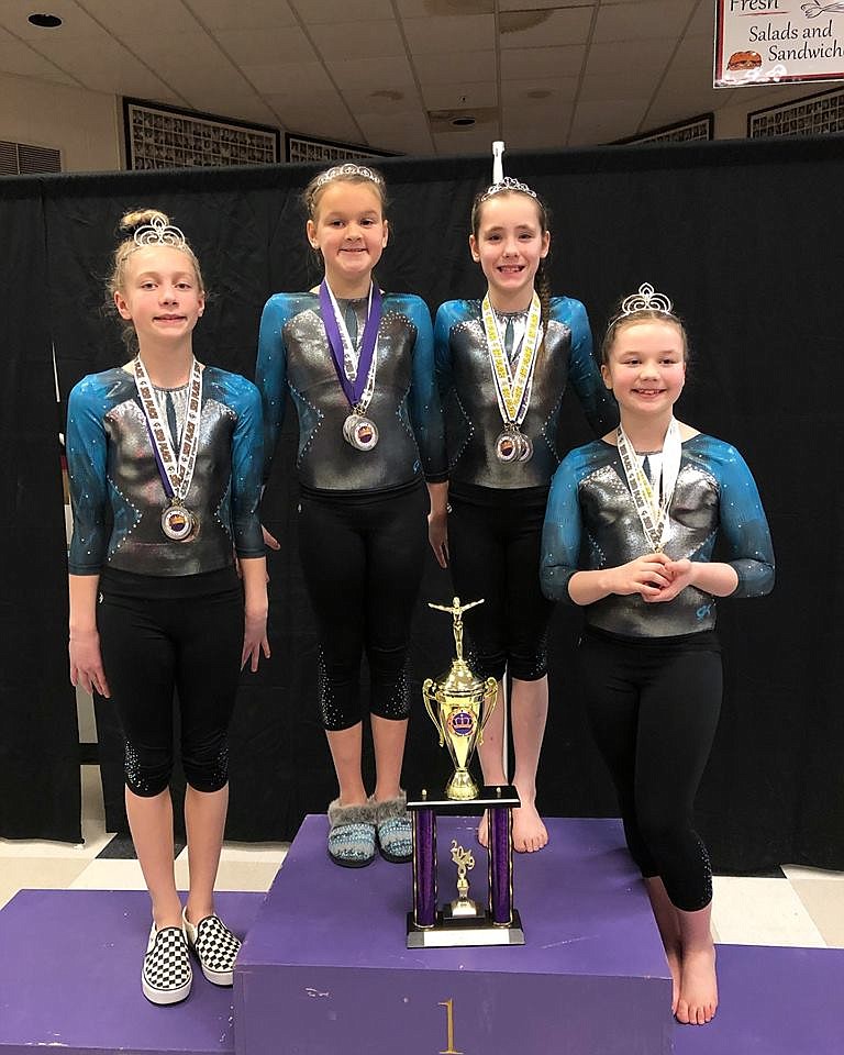 Courtesy photo
Technique Gymnastics Level 4s took 1st Place Team at the Royal Festival in Cheney. From left are Caitlin Costello, Elsa Laker, Kirsten Iames and Khloe Martin.