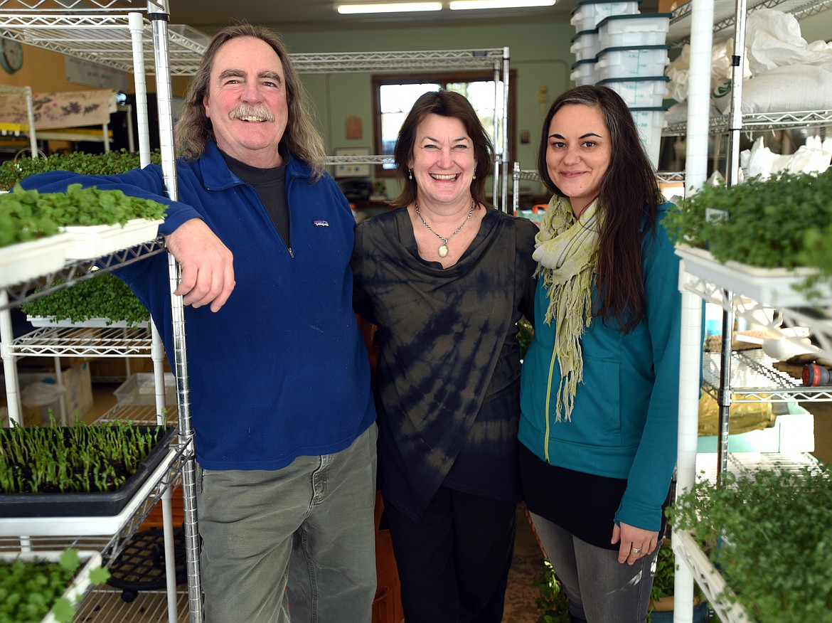 From left, Chad and Susan Waite and microgreens manager Lynon Lohof at EarthStar Farms in Whitefish.