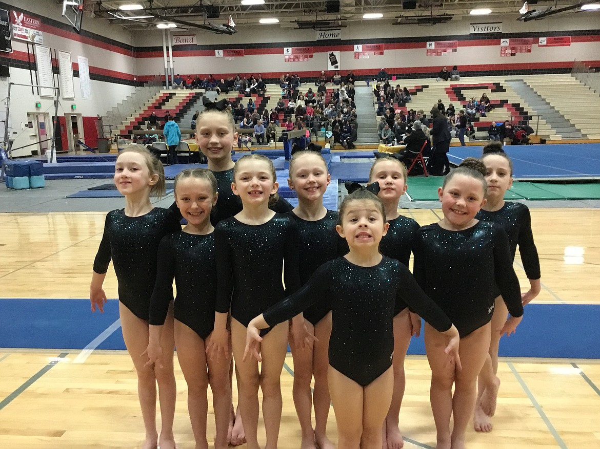 Courtesy photo
Technique Gymnastics Level 2s took 1st Place Team at the Royal Festival in Cheney. In the front is Jessie Shepler; second row from left, Jorgia Smither, Kendall Tryon, Mallory Secord, Josslyn Clements, Shauna Clark and Natalie Prince; and back row from left, Holli Reavis Taylynn Lee.