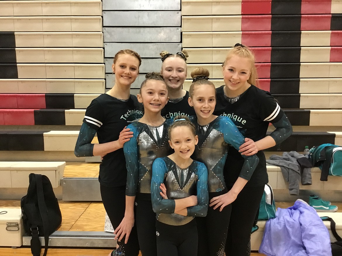 Courtesy photo
Technique Gymnastics Xcel Platinum, Diamond, and Level 6s 1st Place Team at Royal Festival in Cheney. In the front is Cadence Wurster; second row from left are Naomi Fritts and Dianna Bustillos; and back row from left, Amber Shoolroy, Bethany Frey and Natalie Brett.