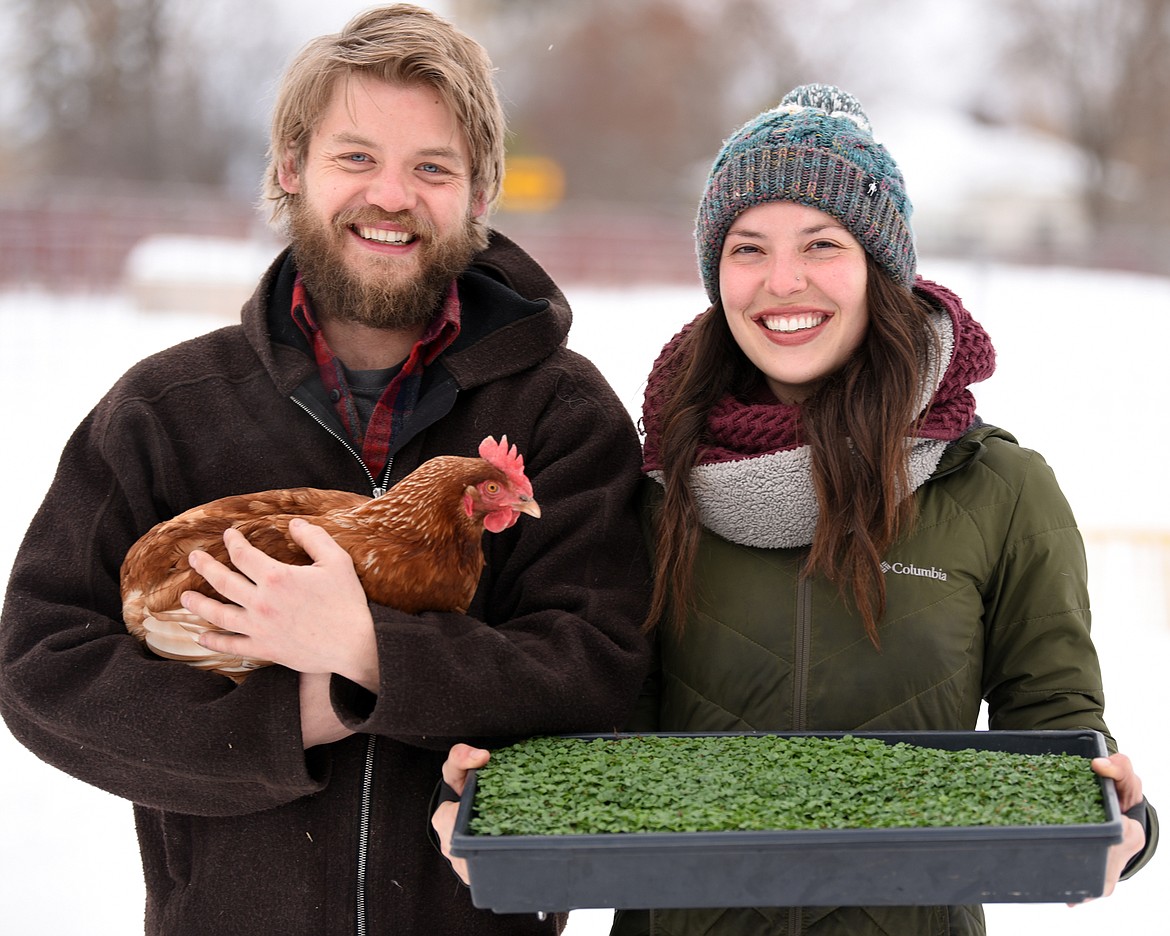 Brycen and Emma Ek of Heyday Homestead in the Lower Valley area show off one of their chickens and a tray of microgreens.