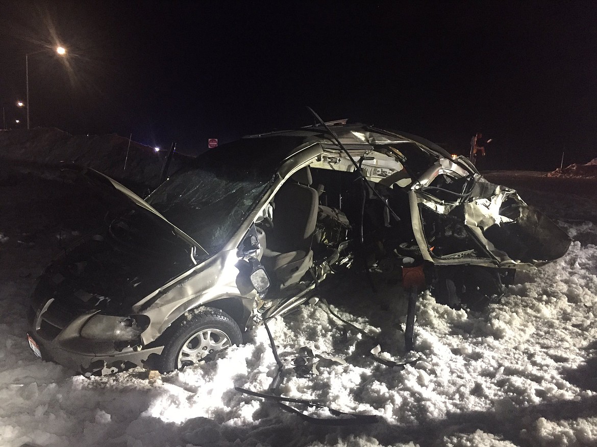 Photo via IDAHO STATE POLICE &#151; District 1 on Twitter
One passenger in this vehicle died and the driver and two other passengers were injured when it was struck by a pickup Saturday night on U.S. 95 at Boekel Road. The pickup driver was arrested for DUI.