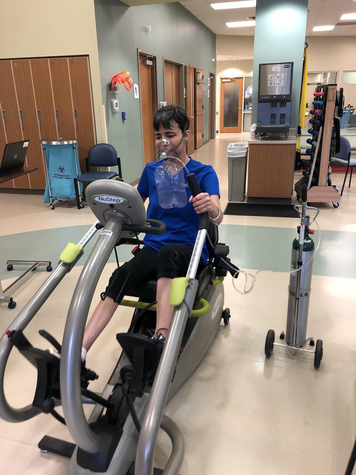 Jen McKenna, of Coeur d'Alene, works her legs during physical therapy in North Carolina, where she is going through preliminary tests and preparation as she waits for a double-lung transplant. (Courtesy photo)