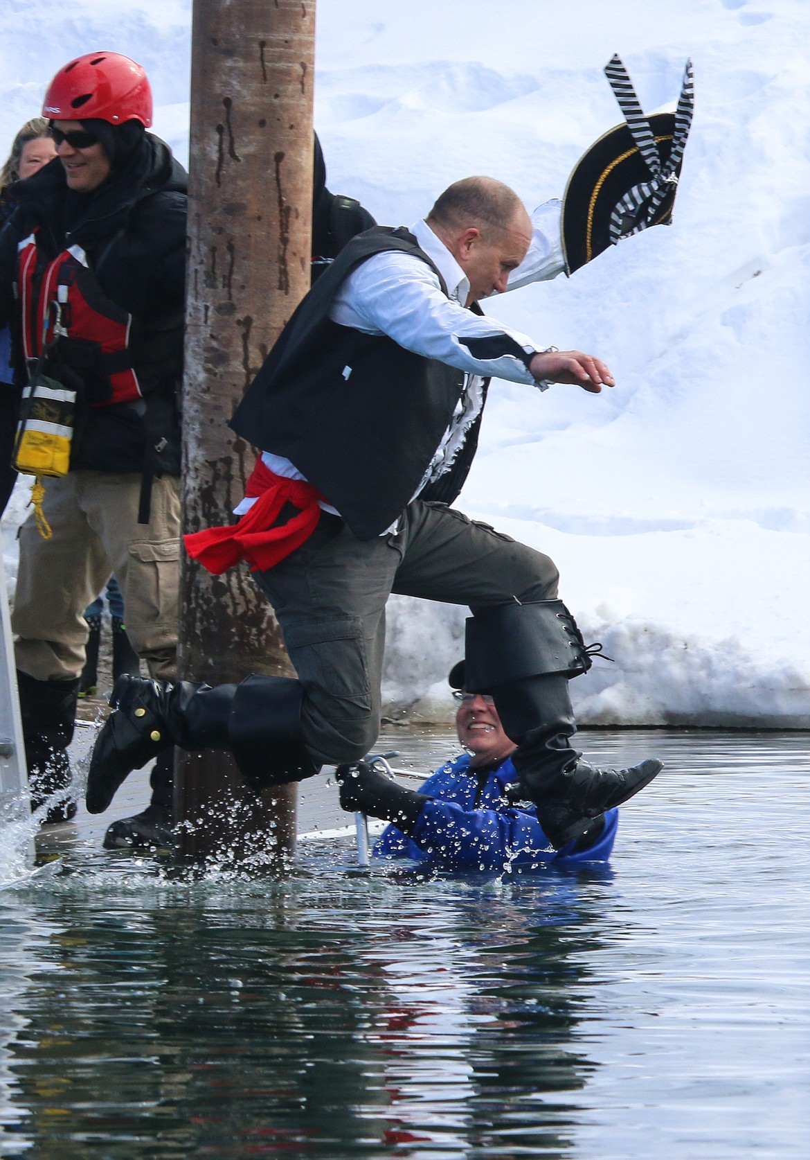 Photo by MANDI BATEMAN
South Boundary Fire Chief Tony Rohrwasser taking the leap in pirate garb.