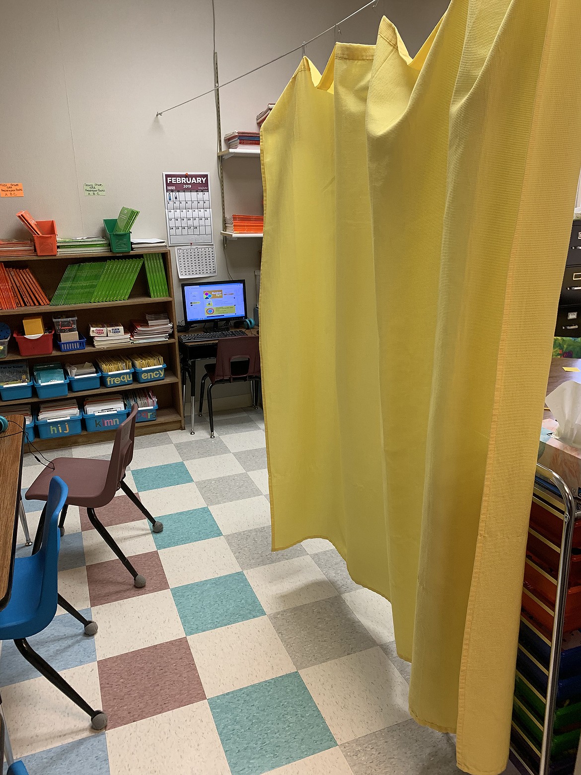 Drapes are used to seperate teaching areas in the cramped space used for special education at Ruder Elementary. (Jeremy Weber photo)