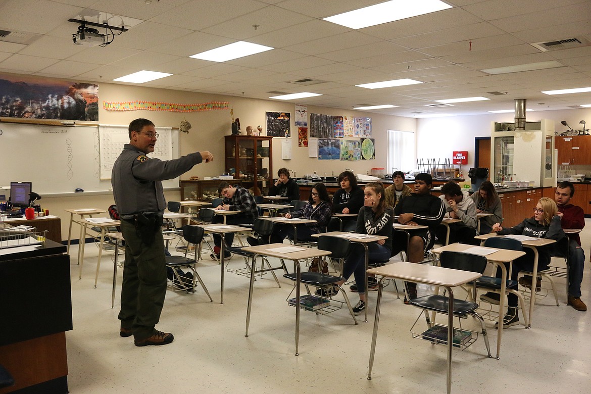 Photo by MANDI BATEMAN
Brian Johnson speaks to the students about a career with Fish and Game.