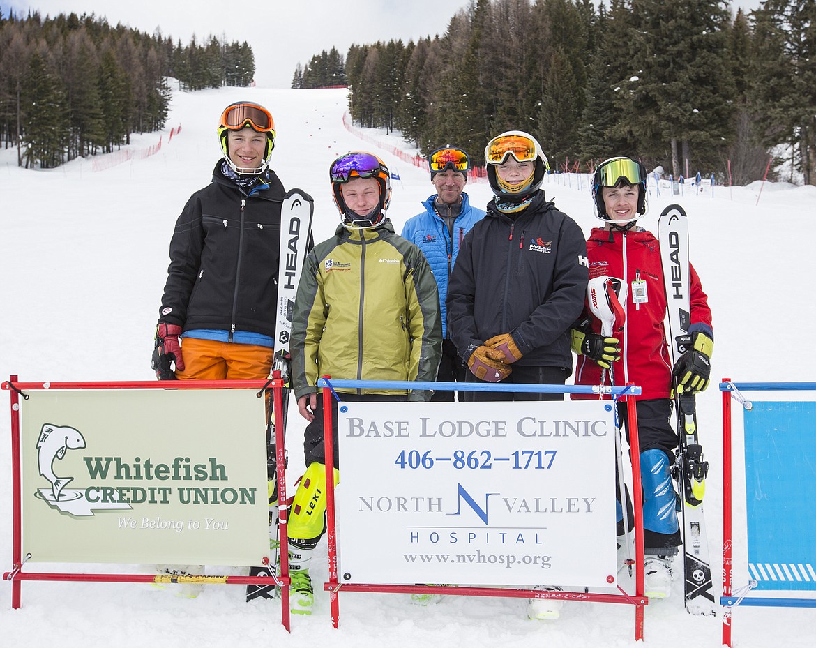 Skiers who will compete at the Western Region U16 Championships in Sun Valley, Idaho, include from left, Colin Harper, Burke Fox, Coach Kurt Nelson, Jordon Jurasek and Tyler Anderson. (Photo courtesy Craig Moore/GlacierWorld.com)