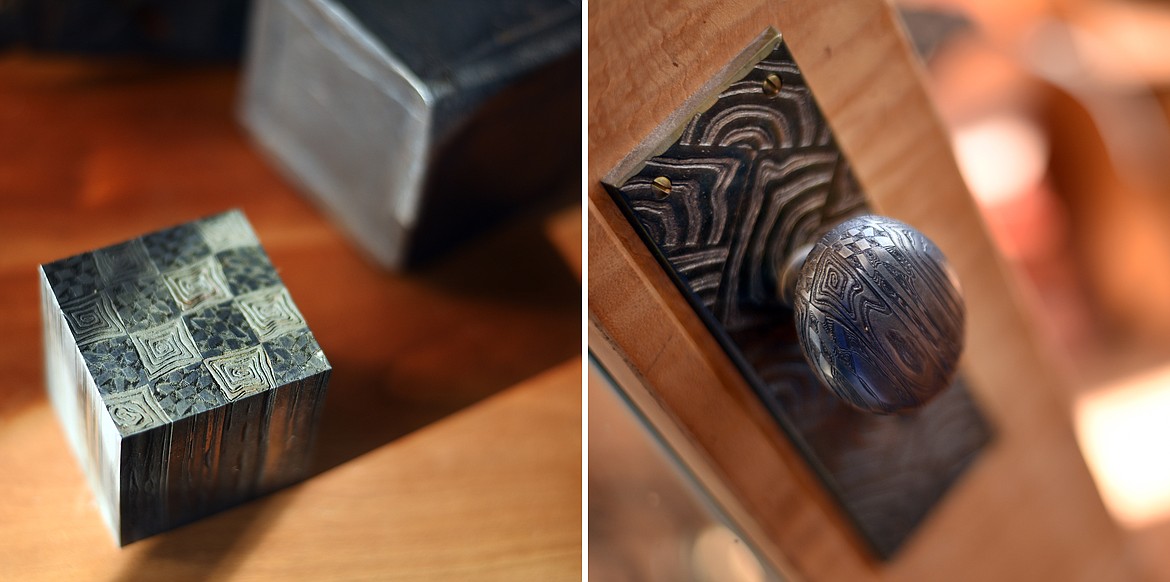 On the left, a block of Damascus steel by David Secrest. On the right is a door handle 
he made using the steel.