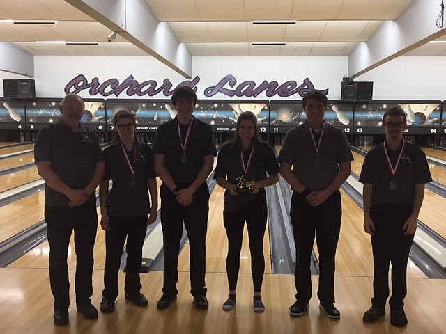 Courtesy photo
The Lake City High School bowling team competed in the state tournament in February. The individual state competition was on Feb. 18 at the Bowladrome in Twin Falls. The team state competition was Feb. 19 at the Snake River Bowl in Burley. Lake City came in fourth place at state. From left are coach Ron Jacobson, Timothy Blaski, Cody Davenport, Ashley Kaufman, Jackson Davenport and Wyatt Grunwald. In the individual 5A boys competition, Jackson Davenport came in seventh place. In the individual 5A girls competition, Ashley Kaufman came in first place (the score of the final match was 248-237).