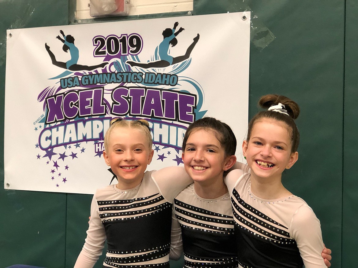 Courtesy photo
Avant Coeur Gymnastics younger Xcel Silvers at the Idaho Xcel state championships in Hailey. From left are Dakota Hoch, Karsen Carter and Delaney Adlard.