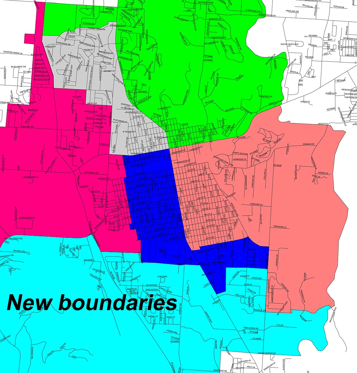 Minor changes were made to the elementary district boundaries in Kalispell Public Schools in an effort to balance enrollment between the six schools. The boundaries changes go into effect in the 2019-20 school year.
Key: green, Edgerton; gray, Russell; dark blue, Elrod; pink, Hedges; purple, Peterson; light blue, Rankin